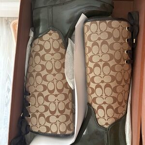 Coach Brown Signature Canvas Lace-Up Boots with Dark Brown Leather Trim